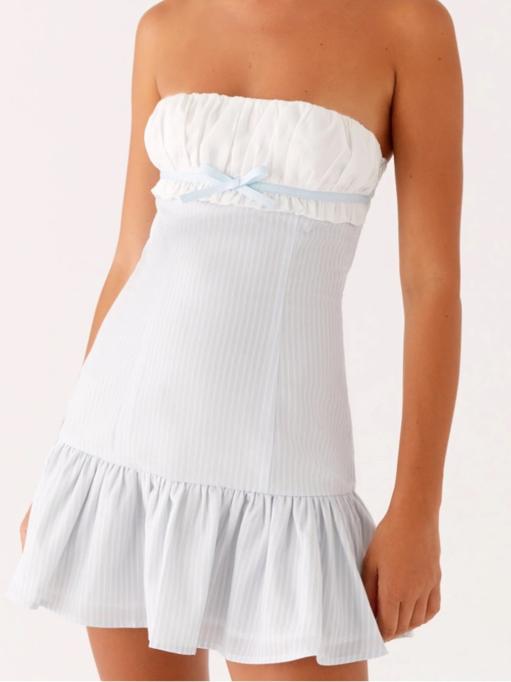 NWT Peppermayo Striped Light Blue Ruffle Hem strapless dress size 8